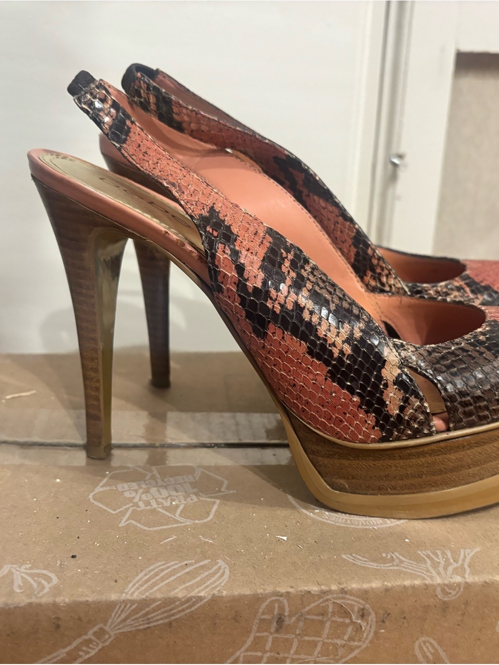 bebe Pink and Black Snakeskin Slingback Platform Heels